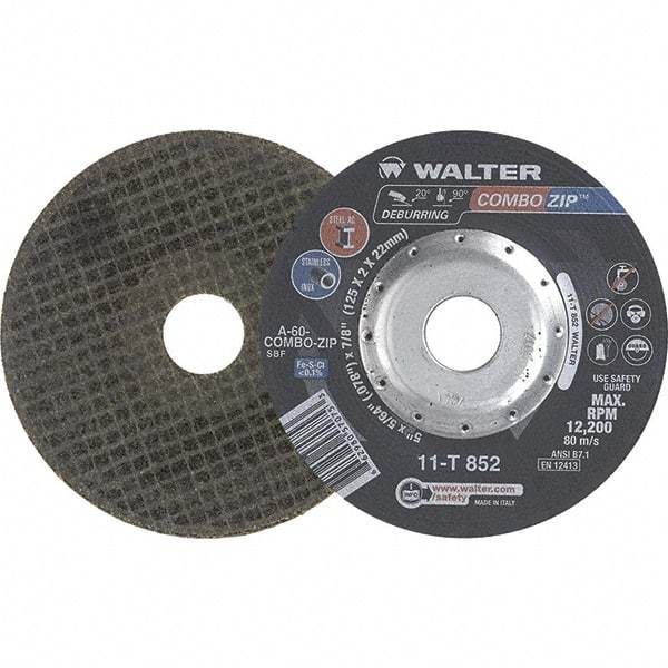 WALTER Surface Technologies - 60 Grit, 5" Wheel Diam, 5/64" Wheel Thickness, 7/8" Arbor Hole, Type 27 Depressed Center Wheel - 12,200 Max RPM - Benchmark Tooling
