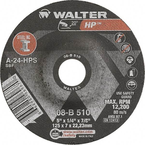 WALTER Surface Technologies - 24 Grit, 5" Wheel Diam, 1/4" Wheel Thickness, 7/8" Arbor Hole, Type 27 Depressed Center Wheel - Aluminum Oxide, Resinoid Bond, 12,200 Max RPM - Benchmark Tooling