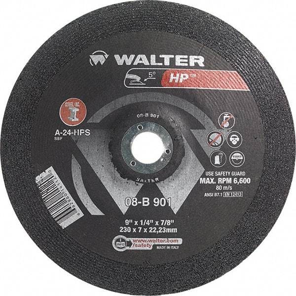 WALTER Surface Technologies - 24 Grit, 9" Wheel Diam, 1/4" Wheel Thickness, 7/8" Arbor Hole, Type 28 Depressed Center Wheel - Aluminum Oxide, Resinoid Bond, 6,600 Max RPM - Benchmark Tooling