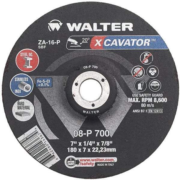 WALTER Surface Technologies - 16 Grit, 4-1/2" Wheel Diam, 1/4" Wheel Thickness, Type 27 Depressed Center Wheel - Aluminum Oxide, Resinoid Bond, 13,300 Max RPM - Benchmark Tooling