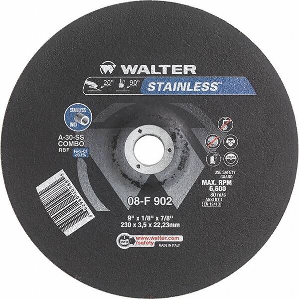 WALTER Surface Technologies - 30 Grit, 9" Wheel Diam, 1/8" Wheel Thickness, 7/8" Arbor Hole, Type 27 Depressed Center Wheel - Aluminum Oxide, Resinoid Bond, 6,600 Max RPM - Benchmark Tooling