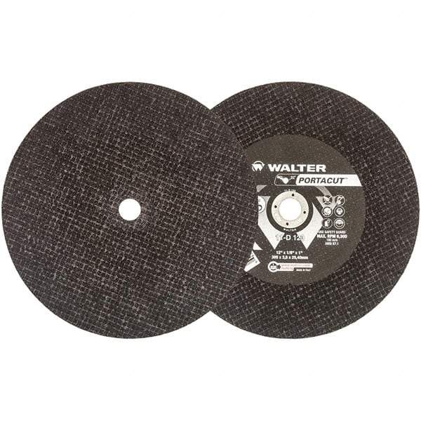 WALTER Surface Technologies - 12" 24 Grit Aluminum Oxide Cutoff Wheel - 1/8" Thick, 1" Arbor, 6,300 Max RPM, Use with Electric & Gas Powered Saws - Benchmark Tooling