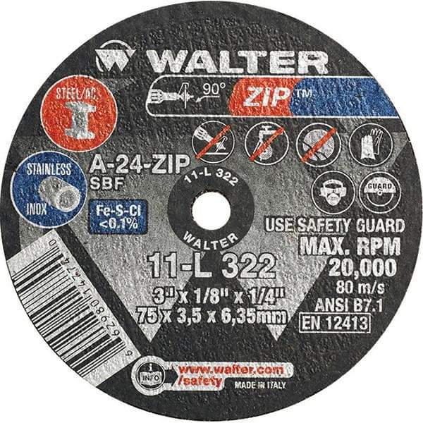 WALTER Surface Technologies - 3" 24 Grit Aluminum Oxide Cutoff Wheel - 1/8" Thick, 1/4" Arbor, 25,470 Max RPM, Use with Die Grinders - Benchmark Tooling
