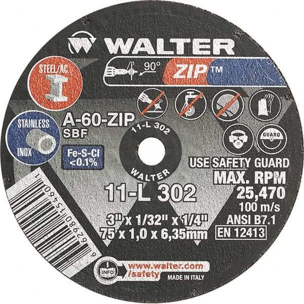 WALTER Surface Technologies - 3" 60 Grit Aluminum Oxide Cutoff Wheel - 1/32" Thick, 1/4" Arbor, 25,470 Max RPM, Use with Die Grinders - Benchmark Tooling