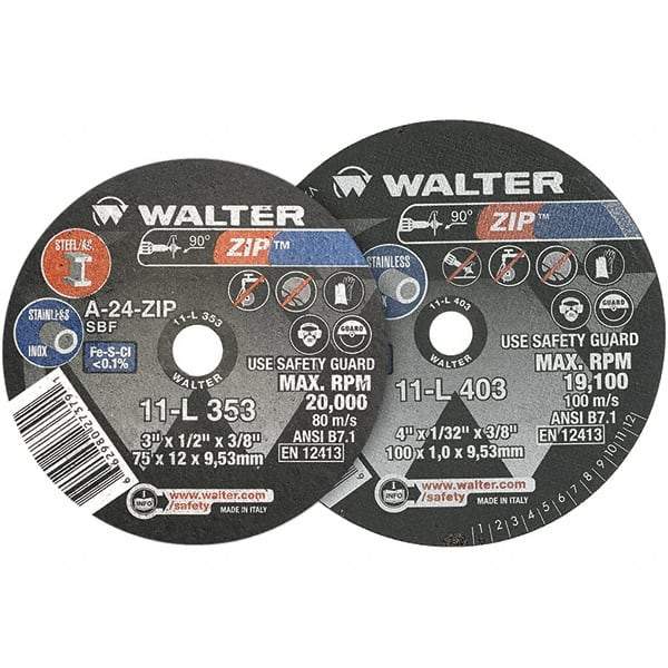 WALTER Surface Technologies - 3" 24 Grit Aluminum Oxide Cutoff Wheel - 1/8" Thick, 3/8" Arbor, 25,470 Max RPM, Use with Die Grinders - Benchmark Tooling