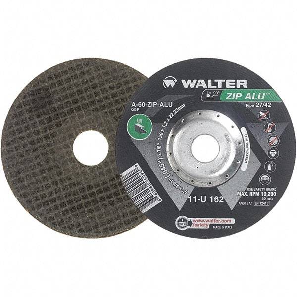 WALTER Surface Technologies - 60 Grit, 6" Wheel Diam, 3/64" Wheel Thickness, 7/8" Arbor Hole, Type 27 Depressed Center Wheel - Aluminum Oxide, Resinoid Bond, 10,200 Max RPM - Benchmark Tooling