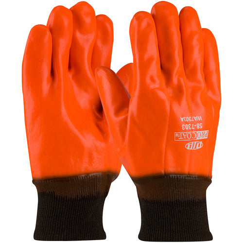 58-7303 Coated Supported Gloves - Supported PVC - Foam Lined - HV Orange - Smooth - Knit Wrist - Exact Industrial Supply