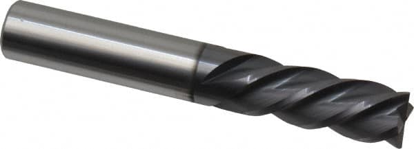 Accupro - 3/8", 7/8" LOC, 3/8" Shank Diam, 2-1/2" OAL, 4 Flute, Solid Carbide Square End Mill - Single End, AlTiN Finish, Spiral Flute, 40° Helix, Centercutting, Right Hand Cut, Left Hand Flute - Benchmark Tooling