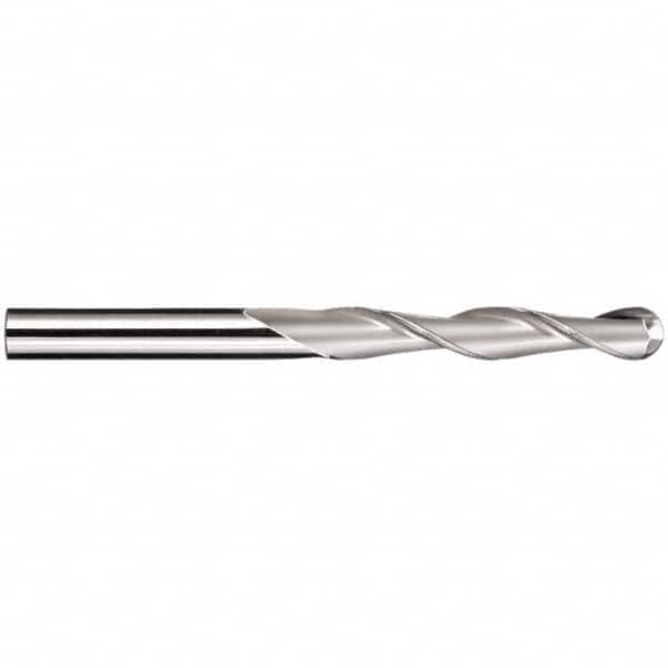 SGS - 3/8" Diam, 1-3/4" LOC, 2 Flute Solid Carbide Ball End Mill - AlTiN Finish, Single End, 4" OAL, 3/8" Shank Diam, Spiral Flute - Benchmark Tooling
