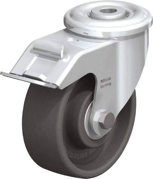 Blickle - 4" Diam x 1-1/2" Wide x 4-59/64" OAH Hollow Kingpin Mount Swivel Caster with Brake - Heat-Resistant Nylon, 330 Lb Capacity, Ball Bearing, Hollow Kingpin Stem - Benchmark Tooling