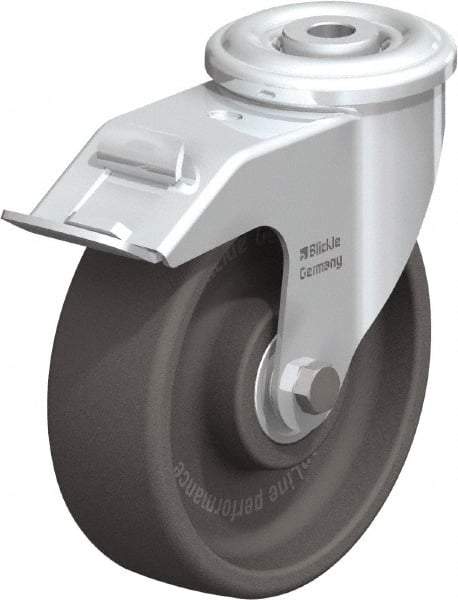 Blickle - 5" Diam x 1-3/16" Wide x 5-7/8" OAH Hollow Kingpin Mount Swivel Caster with Brake - Heat-Resistant Nylon, 330 Lb Capacity, Ball Bearing, Hollow Kingpin Stem - Benchmark Tooling