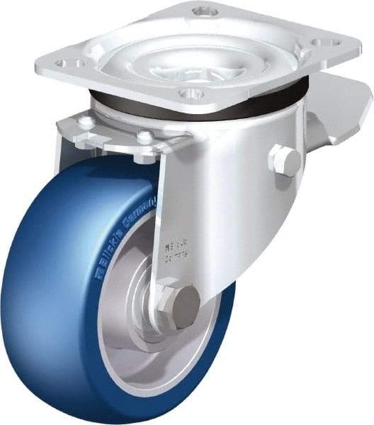 Blickle - 4" Diam x 1-37/64" Wide x 5-7/64" OAH Top Plate Mount Swivel Caster with Brake - Polyurethane-Elastomer Blickle Besthane, 660 Lb Capacity, Ball Bearing, 3-15/16 x 3-3/8" Plate - Benchmark Tooling
