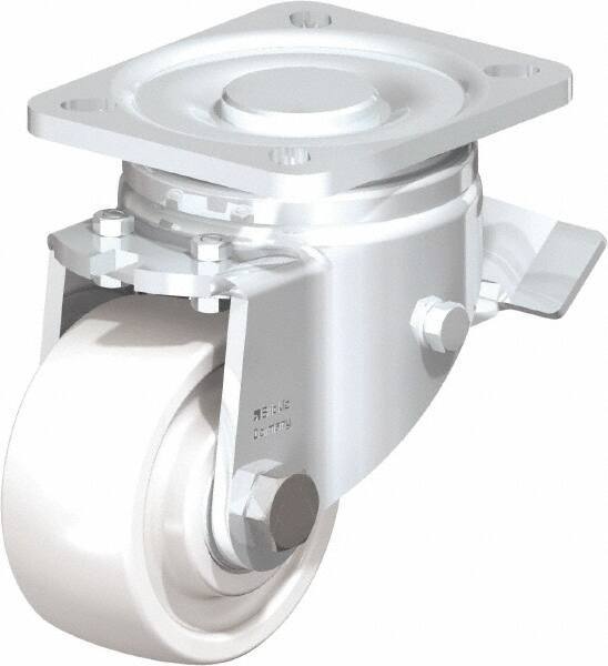 Blickle - 3" Diam x 1-29/64" Wide x 4-23/32" OAH Top Plate Mount Swivel Caster with Brake - Impact-Resistant Nylon, 770 Lb Capacity, Ball Bearing, 3-15/16 x 3-3/8" Plate - Benchmark Tooling