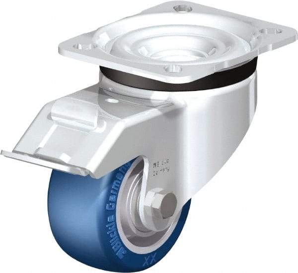 Blickle - 3" Diam x 1-37/64" Wide x 4-21/64" OAH Top Plate Mount Swivel Caster with Brake - Polyurethane-Elastomer Blickle Besthane, 506 Lb Capacity, Ball Bearing, 3-15/16 x 3-3/8" Plate - Benchmark Tooling