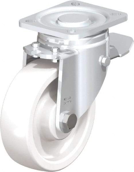 Blickle - 5" Diam x 1-29/64" Wide x 6-1/2" OAH Top Plate Mount Swivel Caster with Brake - Impact-Resistant Nylon, 1,540 Lb Capacity, Plain Bore Bearing, 3-15/16 x 3-3/8" Plate - Benchmark Tooling