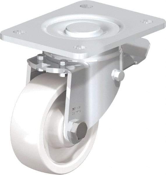 Blickle - 4" Diam x 1-29/64" Wide x 5-33/64" OAH Top Plate Mount Swivel Caster with Brake - Impact-Resistant Nylon, 1,100 Lb Capacity, Plain Bore Bearing, 5-1/2 x 4-3/8" Plate - Benchmark Tooling