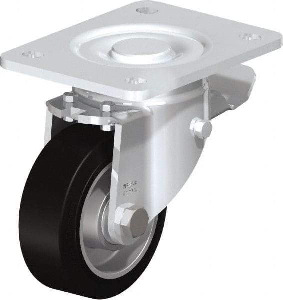 Blickle - 4" Diam x 1-9/16" Wide x 5-33/64" OAH Top Plate Mount Swivel Caster with Brake - Solid Rubber, 440 Lb Capacity, Ball Bearing, 5-1/2 x 4-3/8" Plate - Benchmark Tooling