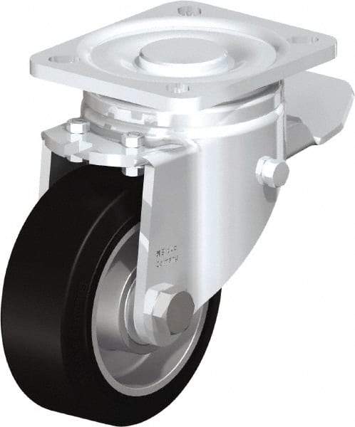 Blickle - 4" Diam x 1-9/16" Wide x 5-33/64" OAH Top Plate Mount Swivel Caster with Brake - Solid Rubber, 440 Lb Capacity, Ball Bearing, 3-15/16 x 3-3/8" Plate - Benchmark Tooling