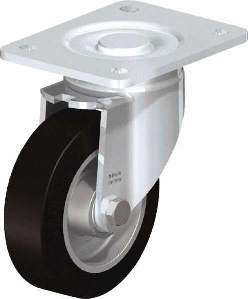 Blickle - 5" Diam x 1-9/16" Wide x 6-1/2" OAH Top Plate Mount Swivel Caster - Solid Rubber, 550 Lb Capacity, Ball Bearing, 5-1/2 x 4-3/8" Plate - Benchmark Tooling