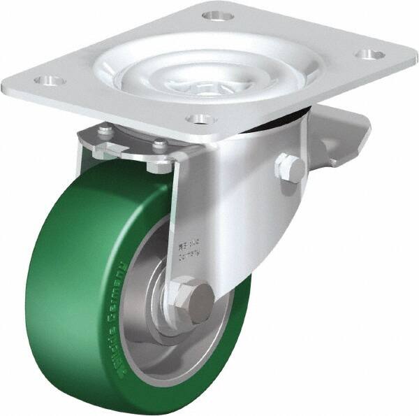 Blickle - 4" Diam x 1-37/64" Wide x 5-7/64" OAH Top Plate Mount Swivel Caster with Brake - Polyurethane-Elastomer Blickle Softhane, 660 Lb Capacity, Ball Bearing, 5-1/2 x 4-3/8" Plate - Benchmark Tooling