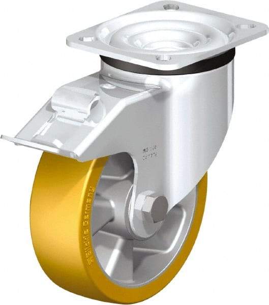 Blickle - 5" Diam x 1-9/16" Wide x 6-7/64" OAH Top Plate Mount Swivel Caster with Brake - Polyurethane-Elastomer Blickle Extrathane, 770 Lb Capacity, Ball Bearing, 3-15/16 x 3-3/8" Plate - Benchmark Tooling