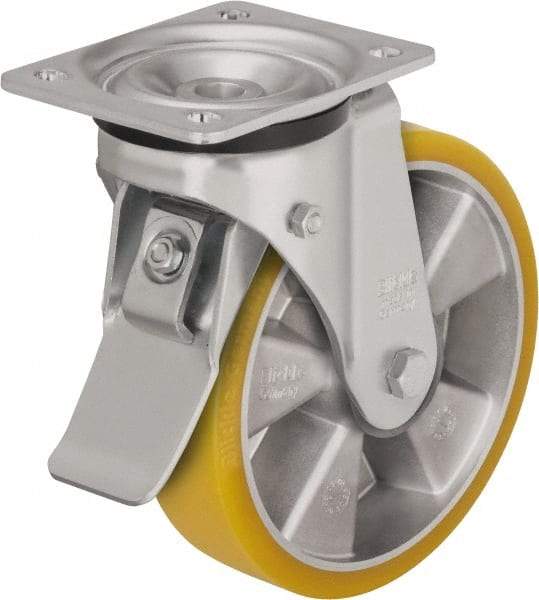 Blickle - 5" Diam x 1-9/16" Wide x 6-7/64" OAH Top Plate Mount Swivel Caster with Brake - Polyurethane-Elastomer Blickle Extrathane, 770 Lb Capacity, Ball Bearing, 5-1/2 x 4-3/8" Plate - Benchmark Tooling