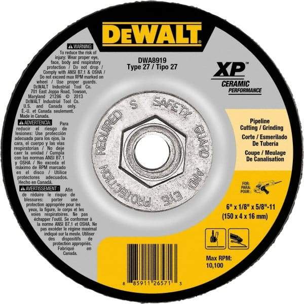 DeWALT - 24 Grit, 6" Wheel Diam, Type 27 Depressed Center Wheel - Coarse/Medium Grade, Ceramic, N Hardness, 10,100 Max RPM - Benchmark Tooling