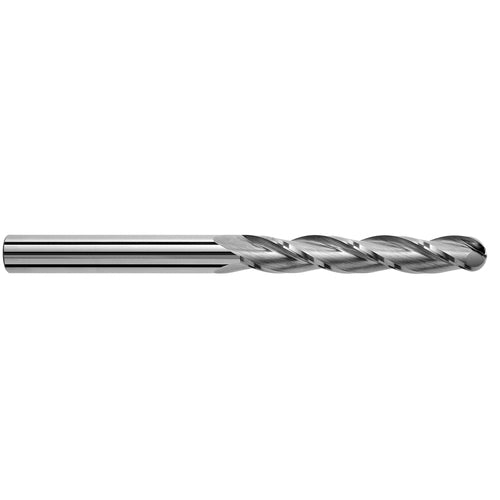 20 mm Dia. × 20 mm Shank × 75 mm DOC × 150 mm OAL, Carbide Uncoated, Spiral , 3 Flute, 30° Helix, Ballnose End Mill - Exact Industrial Supply