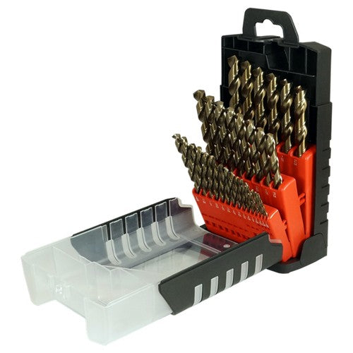 1/16-1/2 RHS / RHC HSS-CO 8% (M42) 135 Degree Split Point Heavy Duty Cobalt Jobber Length Drill Set - Straw / Gold Oxide - Exact Industrial Supply