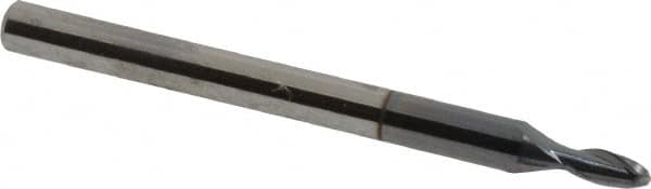 Accupro - 2mm Diam, 4mm LOC, 2 Flute Solid Carbide Ball End Mill - AlTiN Finish, Single End, 38mm OAL, 3mm Shank Diam, Spiral Flute - Benchmark Tooling