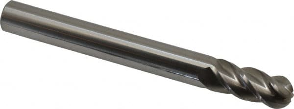 Accupro - 7/16" Diam, 1" LOC, 4 Flute Solid Carbide Ball End Mill - Uncoated, Single End, 4" OAL, 7/16" Shank Diam, Spiral Flute - Benchmark Tooling
