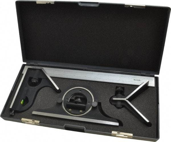 SPI - 4 Piece, 12" Combination Square Set - 1/32 & 1/64" (English/Metric) Graduation, Hardened Steel Blade, Cast Iron Center, Protractor & Square Head - Benchmark Tooling