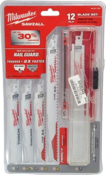 Milwaukee Tool - 12 Piece, 6" to 9" Long x 0.04" to 0.05" Thick, Bi-Metal Reciprocating Saw Blade Set - Straight Profile, 5-8 to 18 Teeth per Inch, Toothed Edge - Benchmark Tooling
