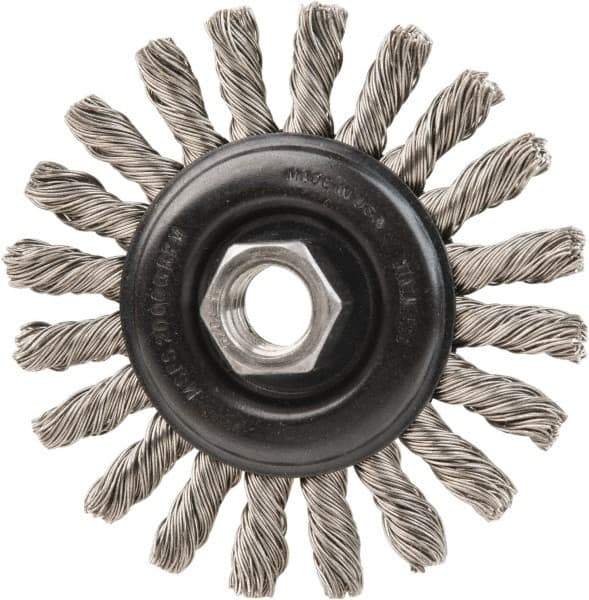 DeWALT - 4" OD, 5/8-11 Arbor Hole, Knotted Stainless Steel Wheel Brush - 3/8" Face Width, 7/8" Trim Length, 0.02" Filament Diam, 20,000 RPM - Benchmark Tooling