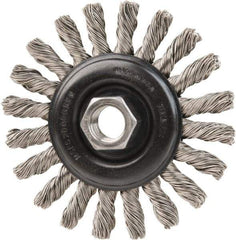 DeWALT - 4" OD, 5/8-11 Arbor Hole, Knotted Stainless Steel Wheel Brush - 3/8" Face Width, 7/8" Trim Length, 0.02" Filament Diam, 20,000 RPM - Benchmark Tooling