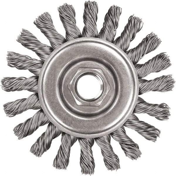 DeWALT - 4" OD, 5/8-11 Arbor Hole, Knotted Steel Wheel Brush - 3/8" Face Width, 7/8" Trim Length, 0.02" Filament Diam, 20,000 RPM - Benchmark Tooling