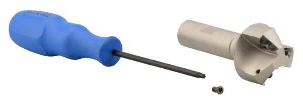 Iscar - 30° Lead Angle, 1.61" Max Cut Diam, 5/8" Min Cut Diam, 0.27" Max Depth of Cut, Indexable Chamfer and Angle End Mill - 3 Inserts, TPMT Insert Style, 3.54" Overall Length, Straight Shank - Benchmark Tooling