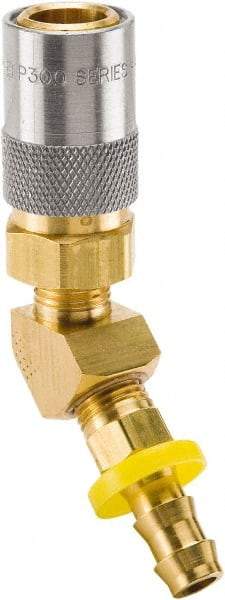 Parker - Nonthreaded Brass Hydraulic Hose Push-Lok Hose Barb Coupler & 45° Fitting - 200 psi, 6 GPM, 1/2" Hose Diam, Series Moldmate - Benchmark Tooling
