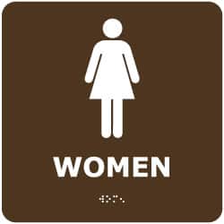 NMC - Women, 8" Wide x 8" High, Plastic Sign - English, Braille, White on Brown, Wall Mount - Benchmark Tooling