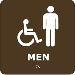 NMC - Men, 8" Wide x 8" High, Plastic Sign - English, Braille, White on Brown, Wall Mount - Benchmark Tooling