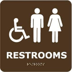 NMC - Restrooms, 8" Wide x 8" High, Plastic Sign - English, Braille, White on Brown, Wall Mount - Benchmark Tooling