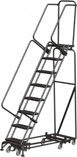Ballymore - 113" 8 Step Rolling Warehouse Ladder - Lock Step Rolling Safety Ladder, 450 Lb Capacity, 80" Platform Height, 24" Base Width x 61" Base Depth, Perforated Tread - Benchmark Tooling