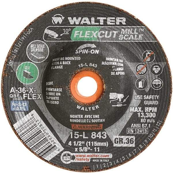 WALTER Surface Technologies - 4-1/2" 36 Grit Aluminum Oxide/Silicon Carbide Blend Cutoff Wheel - 5/8-11 Arbor, 13,300 Max RPM, Use with Angle Grinders - Benchmark Tooling