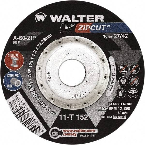 WALTER Surface Technologies - 60 Grit, 4-1/2" Wheel Diam, 3/64" Wheel Thickness, 7/8" Arbor Hole, Type 27 Depressed Center Wheel - Aluminum Oxide, Resinoid Bond, 13,300 Max RPM, Compatible with Angle Grinder - Benchmark Tooling