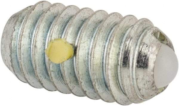 Vlier - 5/16-18, 0.156" Ball Diam, 0.578" Body Length, 0.04" Max Ball Reach, Threaded Ball Plunger - Steel Body, Nylon Ball, 2 Lb Initial End Force, 4.25 Lb Final End Force, Locking Element - Benchmark Tooling