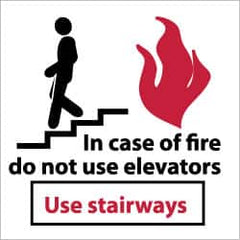 NMC - In Case of Fire - Do Not Use Elevators - Use Stairways, Pressure Sensitive Vinyl Fire Sign - 7" Wide x 7" High, Glow-in-the-Dark - Benchmark Tooling
