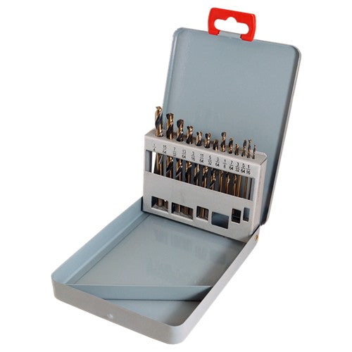 1/16-1/4 RHS / RHC HSS 135 Degree Split Point Heavy Duty Mechanics Length Drill Set - Black & Gold - Exact Industrial Supply
