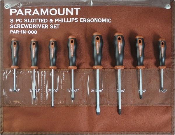Paramount - 8 Piece Slotted, Phillips & Cabinet Screwdriver Set - Blade Sizes: Width 3/16, 1/4 & 5/16, Bit Sizes: Philips #0 to #3 - Benchmark Tooling