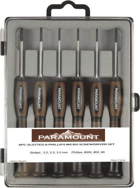 Paramount - 6 Piece Phillips & Slotted Screwdriver Set - Bit Sizes: Philips #000 to #0 - Benchmark Tooling
