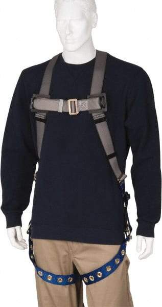 PRO-SAFE - 350 Lb Capacity, Size Universal, Full Body Premium Tongue Buckle Safety Harness - Polyester, Tongue Buckle Leg Strap, Pass-Thru Chest Strap, Gray/Blue - Benchmark Tooling